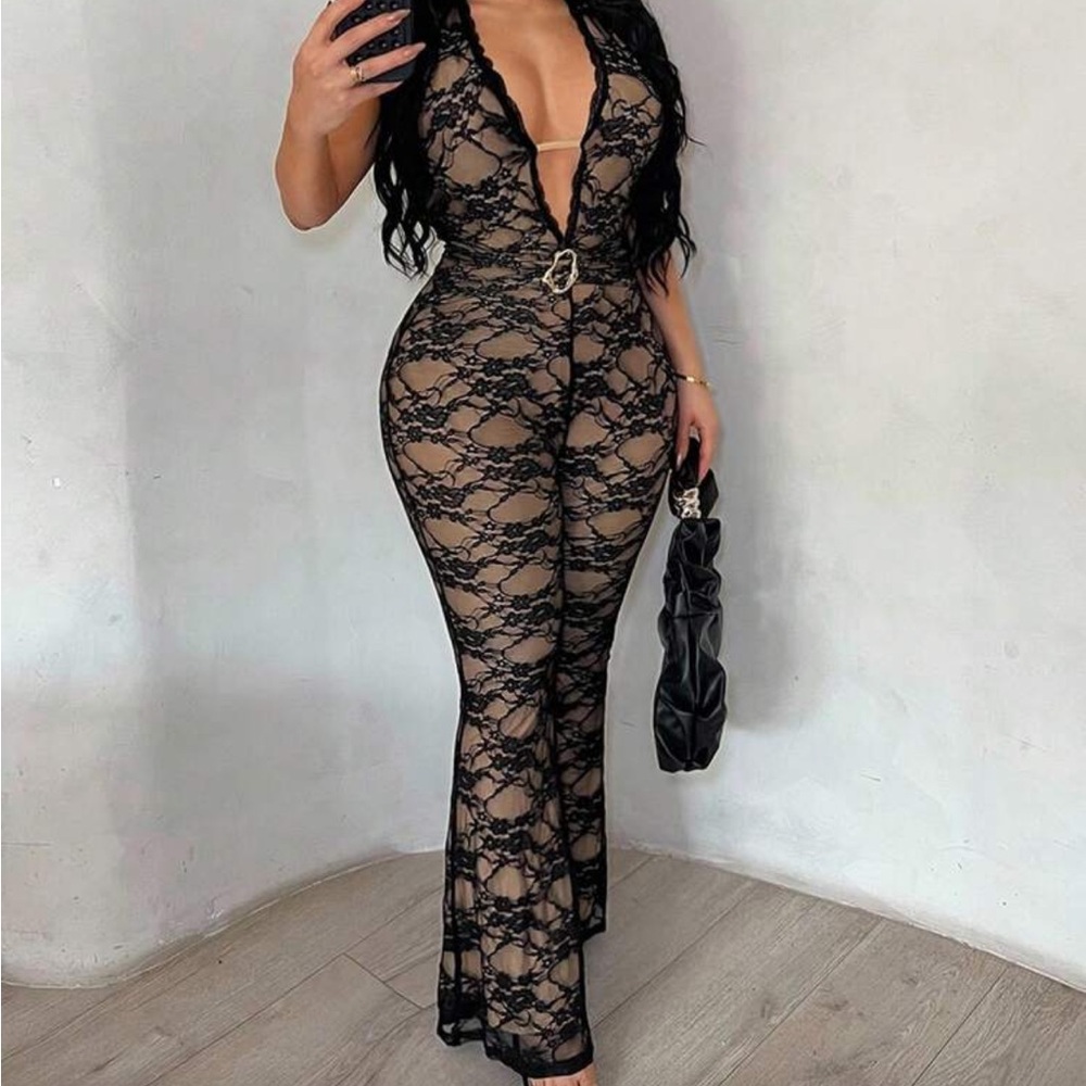 Black Lace Jumpsuit with Plunging Neckline